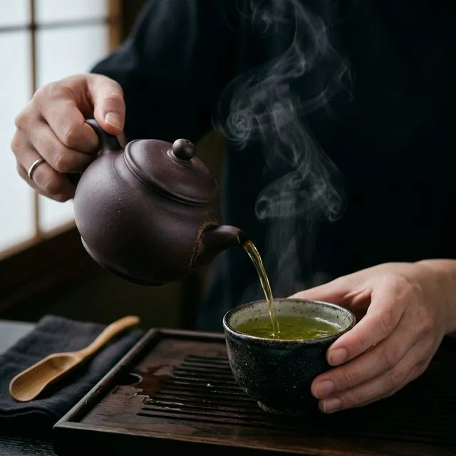 急須から茶碗へ注がれるお茶