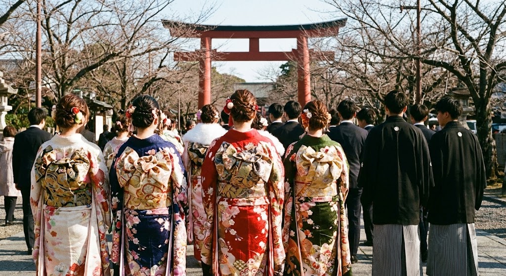 成人式の会場に向かう晴れ着姿の新成人たち